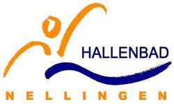 Das Bild zeigt das Logo des Hallenbads Nellingen mit einem stilisierten Schwimmer in Orange und blauer Welle sowie dem Schriftzug "Nellingen".