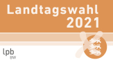 Schriftzug Landtagswahl 2021 in weißer Schrift auf orangenem Hintergrund. Rechts unten die drei übereinander gesetzten Löwen in weiß, auf orangenem Hintergrund mit einem Kreuz darüber. Links unten der Schriftzug lpb BW - Link öffnet ein neues Fenster