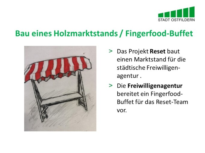 Im oberen Bereich steht der Titel der Vereinbarung beim Digitalen Marktplatz der Guten Geschäfte: Bau eines Holzmarktstandes gegen ein Fingerfood-Buffet.
Rechts wird die Vereinbarung erklärt. Das Projekt Reset baut einen Marktstand für die städtische Freiwilligenagentur .
Die Freiwilligenagentur bereitet ein Fingerfood-Buffet für das Reset-Team vor.
Auf der linken Seite ist ein Beispielbild eines Marktstandes zu sehen.