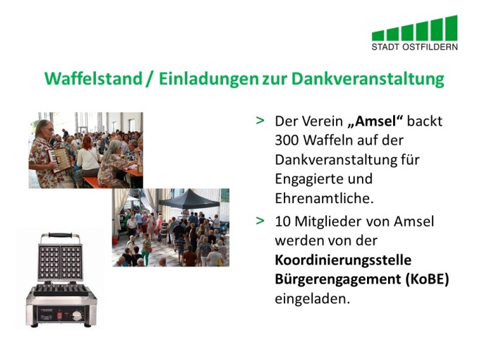 Im oberen Bereich steht der Titel der Vereinbarung beim Digitalen Marktplatz der Guten Geschäfte: Waffelstand gegen Einladungen zur Dankveranstaltung.
Rechts wird die Vereinbarung erklärt. Der Verein „Amsel“ backt 300 Waffeln auf der Dankveranstaltung für Engagierte und Ehrenamtliche. Zehn Mitglieder von Amsel werden von der Koordinierungsstelle Bürgerengagement (KoBE) eingeladen. 
Auf der linken Seite sind Fotos der Veranstaltung zu sehen.